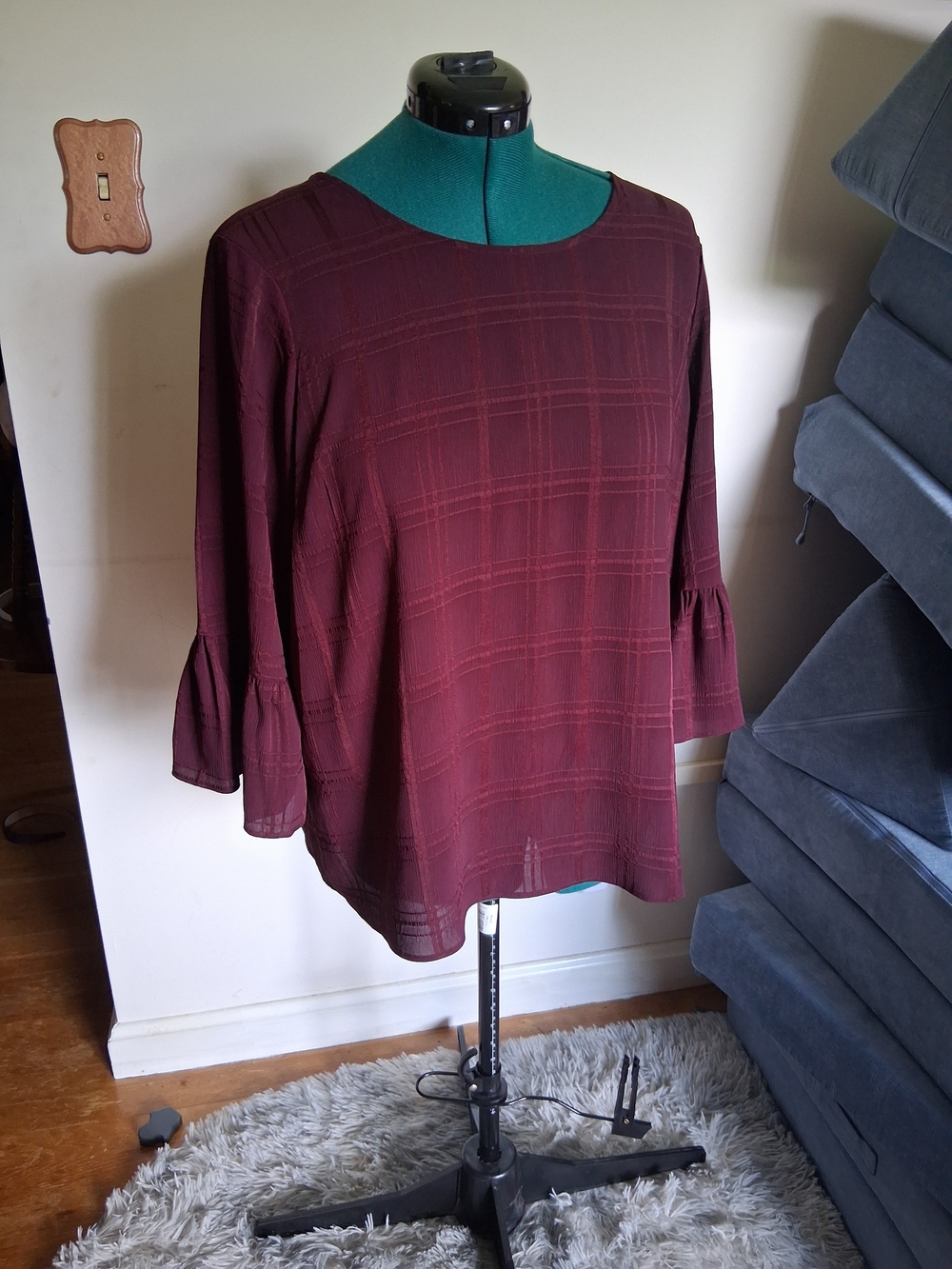 Elle Burgundy Plaid Bell Sleeve Blouse
